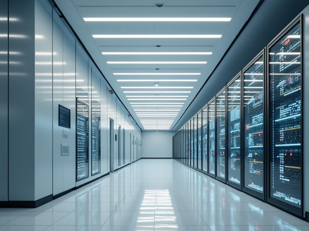 Pasillo moderno de centro de datos con racks de servidores iluminados y pantallas digitales
