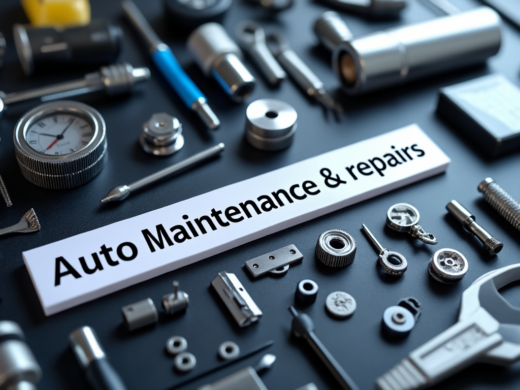 Auto maintenance and repair tools arranged on a dark surface with a focus on a sign reading 'Auto Maintenance & Repairs'.