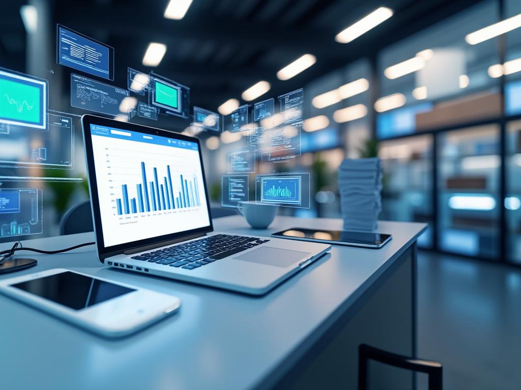 Modern office desk with a laptop displaying data analytics charts, surrounded by futuristic digital interface elements and blurred office background.