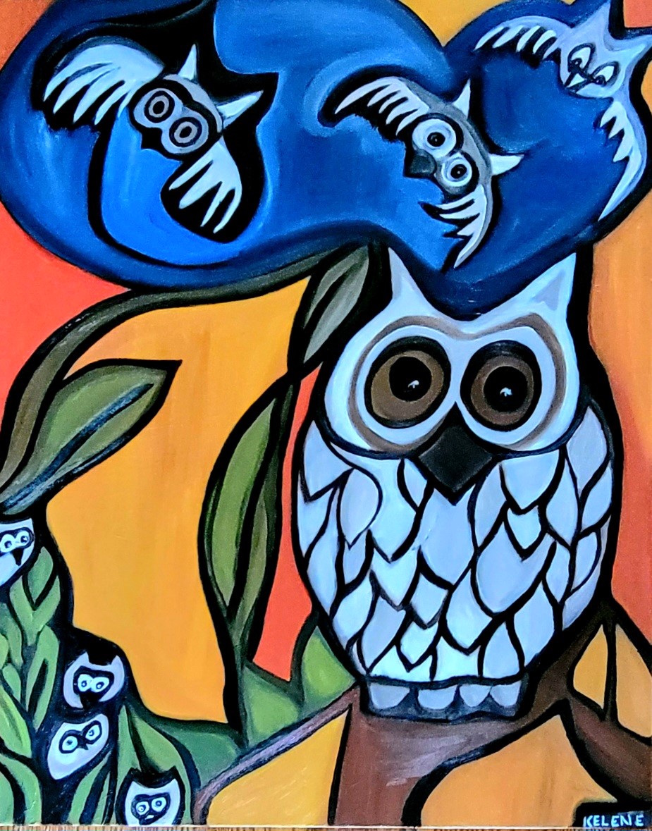 Title Owls Outside 24 x 30 acrylic on canvas Kelene 2024 $500.00