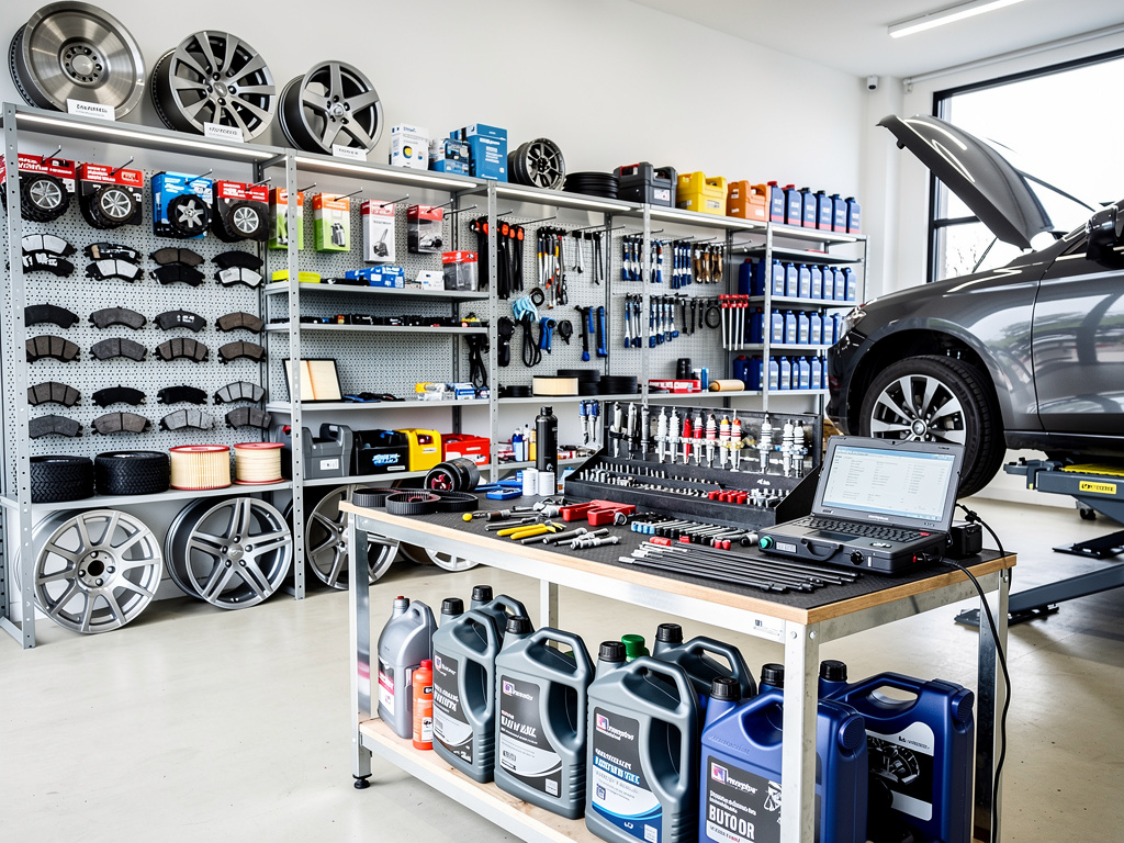 Taller mecánico moderno con coche elevado, herramientas, repuestos, llantas y aceites para mantenimiento automotriz Taller mecánico moderno con coche elevado, herramientas, repuestos, llantas y aceites para mantenimiento automotriz