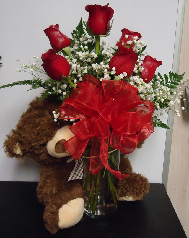 (2) "Half" Dozen (Red) Roses
W/ Plush Bear
$65.00