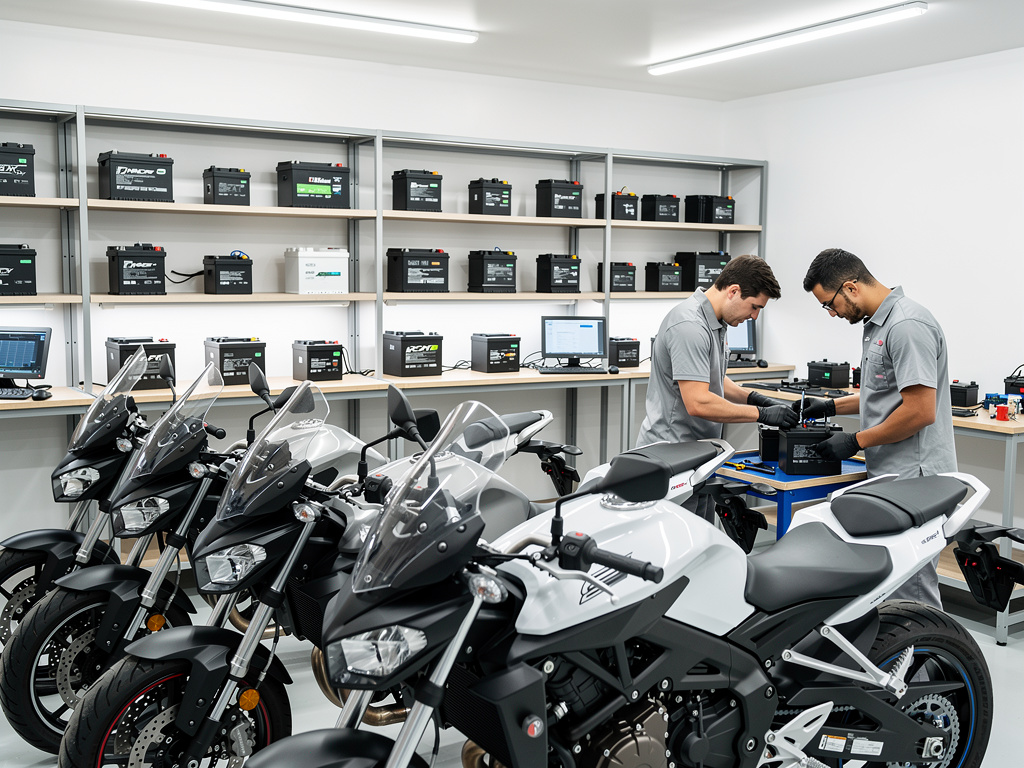 Taller de mantenimiento de motos eléctricas con técnicos revisando baterías en un laboratorio moderno