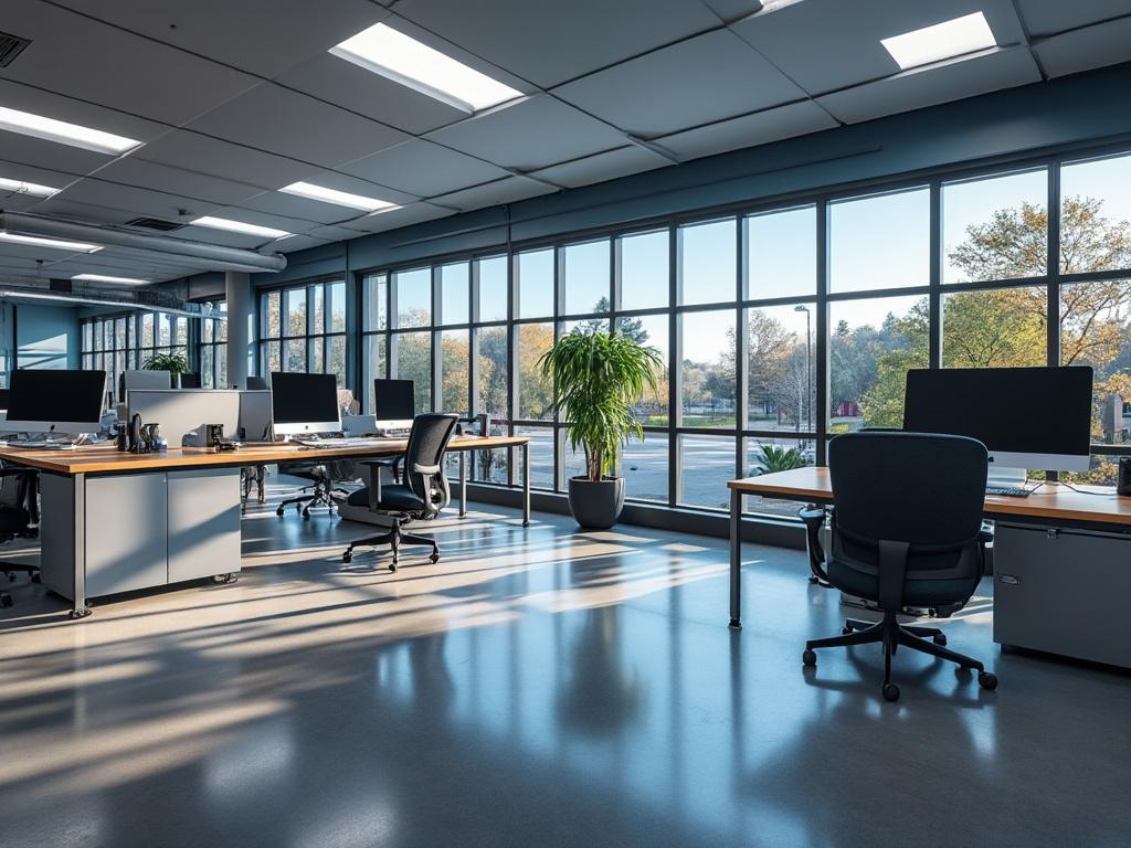 Oficina moderna con escritorios vacíos, grandes ventanas panorámicas y plantas decorativas bajo luz natural.