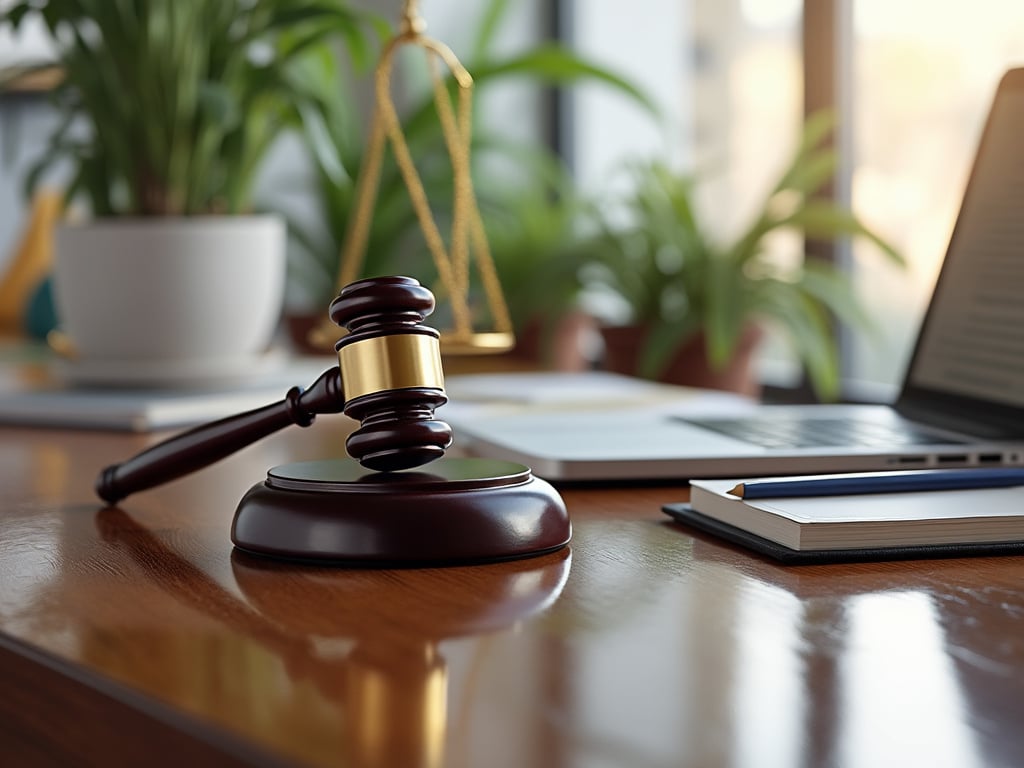 Mazo de juez en un escritorio de oficina con computadora portátil, libros y plantas de fondo. Mazo de juez en un escritorio de oficina con computadora portátil, libros y plantas de fondo.