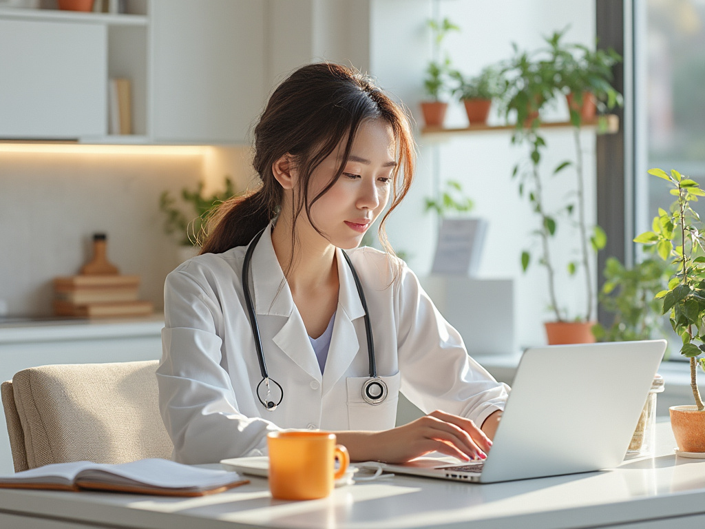 Médica concentrada trabajando en una computadora portátil en una oficina bien iluminada con plantas alrededor.
