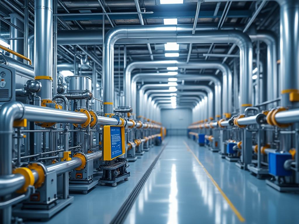 Interior de una planta industrial con tuberías metálicas y equipos tecnológicos avanzados.