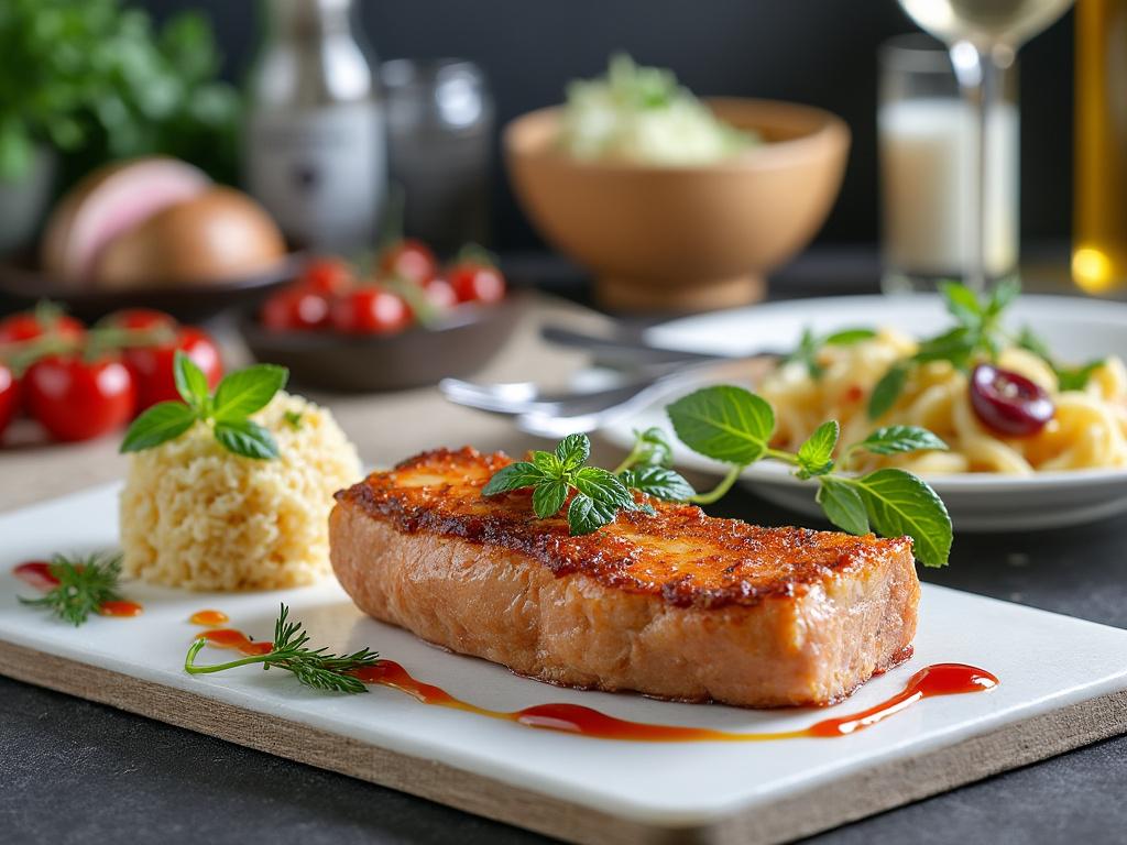 Plato gourmet con filete de salmón glaseado, acompañado de cuscús y hojas de menta, con pasta y tomates cherry de fondo.