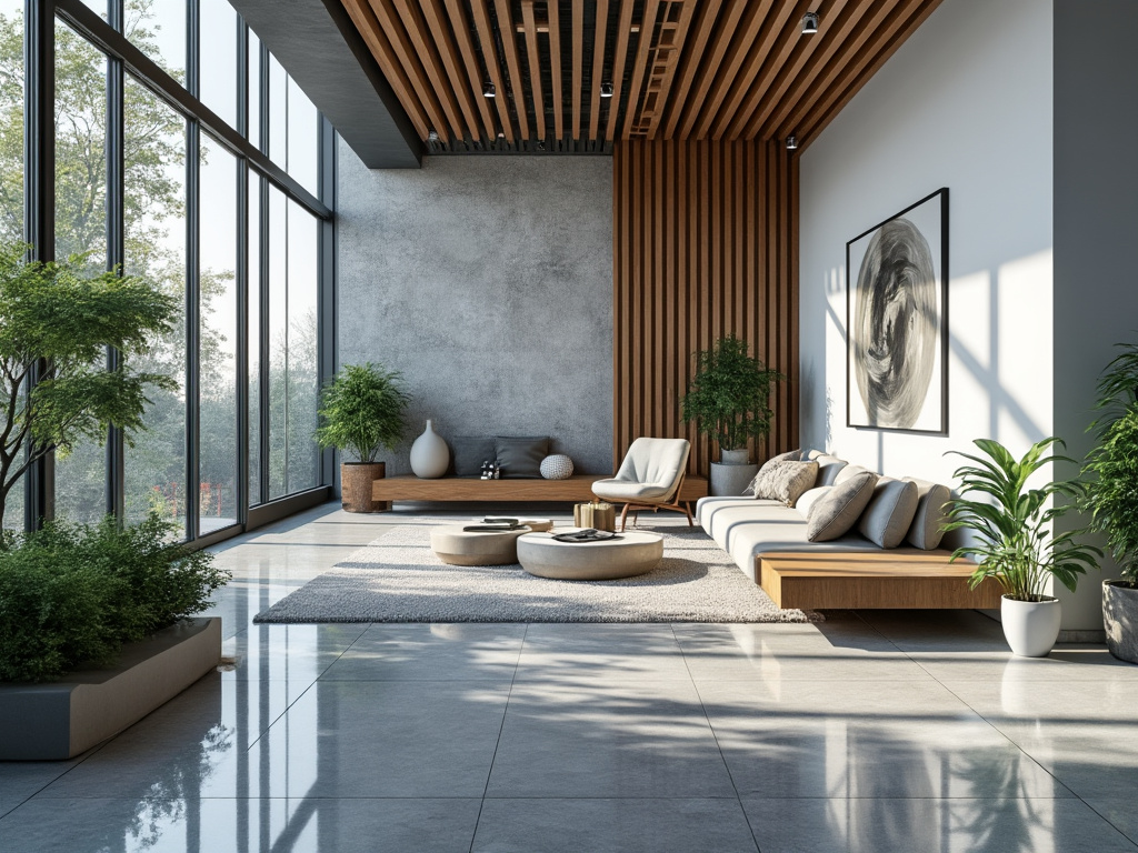 Sala de estar moderna con grandes ventanales, muebles estilo minimalista, plantas verdes y decoración artística en la pared.