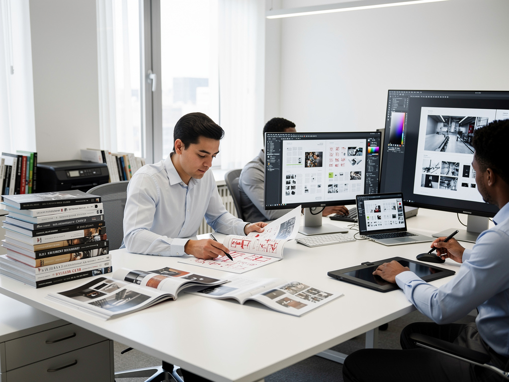Equipo de diseñadores gráficos trabajando en una oficina moderna con monitores, tableta digital y revistas de diseño