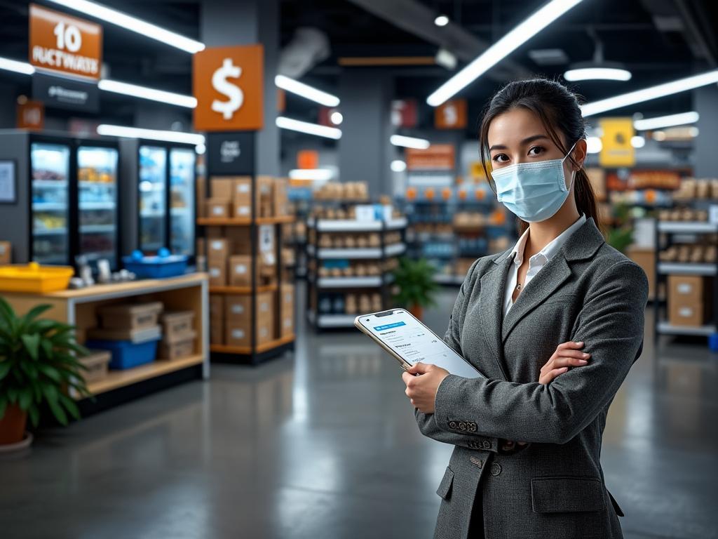 Mujer con mascarilla y tableta en una tienda, rodeada de estantes con productos y letreros de precios.
