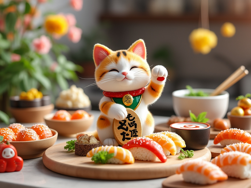 Figura de gato de la suerte japonés rodeada de sushi en una mesa decorada con flores y tazones de comida.