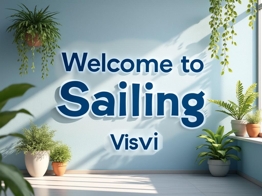 Welcome to Sailing Visvi sign on a blue wall surrounded by indoor plants in natural light.