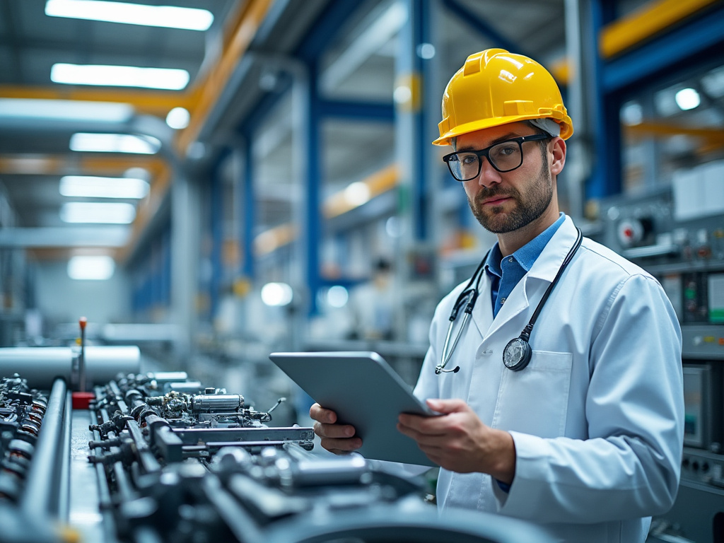 Ingeniero en una fábrica con casco amarillo y bata blanca, sosteniendo una tablet.
