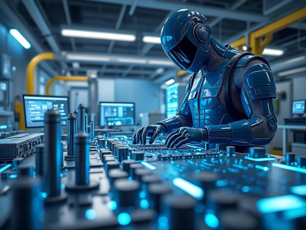 Futuristic robot operating control panel in high-tech laboratory with blue lighting.