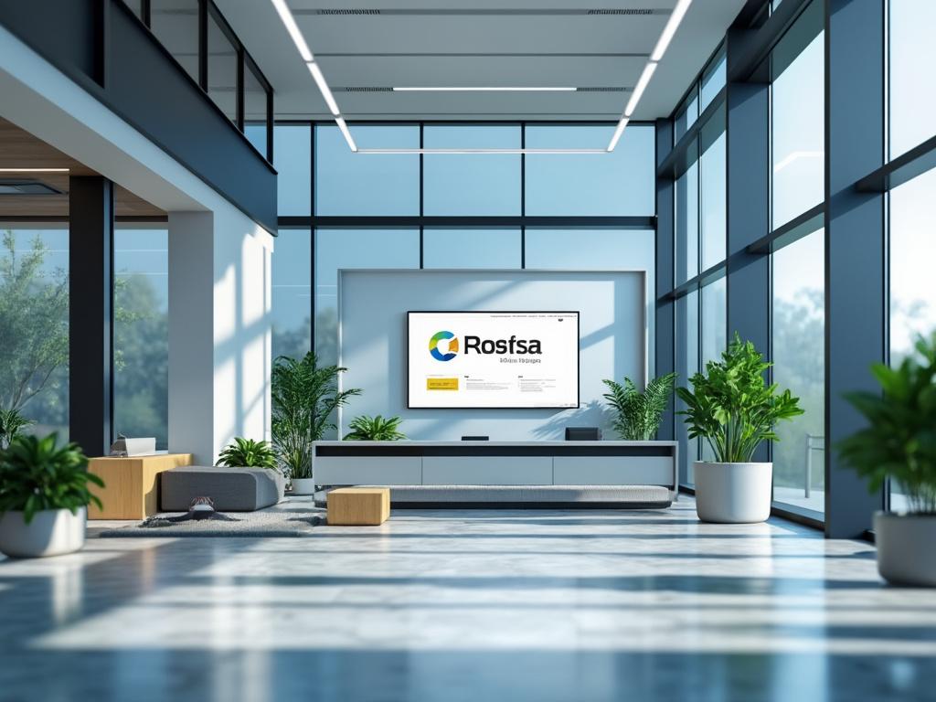Oficina moderna con grandes ventanales, plantas decorativas y pantalla con logotipo de Rosfsa.
