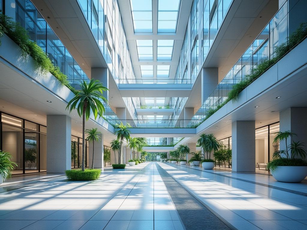 Corredor moderno de prédio comercial com tetos de vidro, plantas verdes e design arquitetônico contemporâneo.