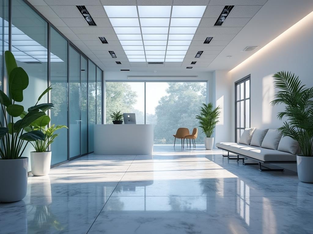 Recepción moderna y luminosa con plantas verdes, sofá gris y silla marrón.