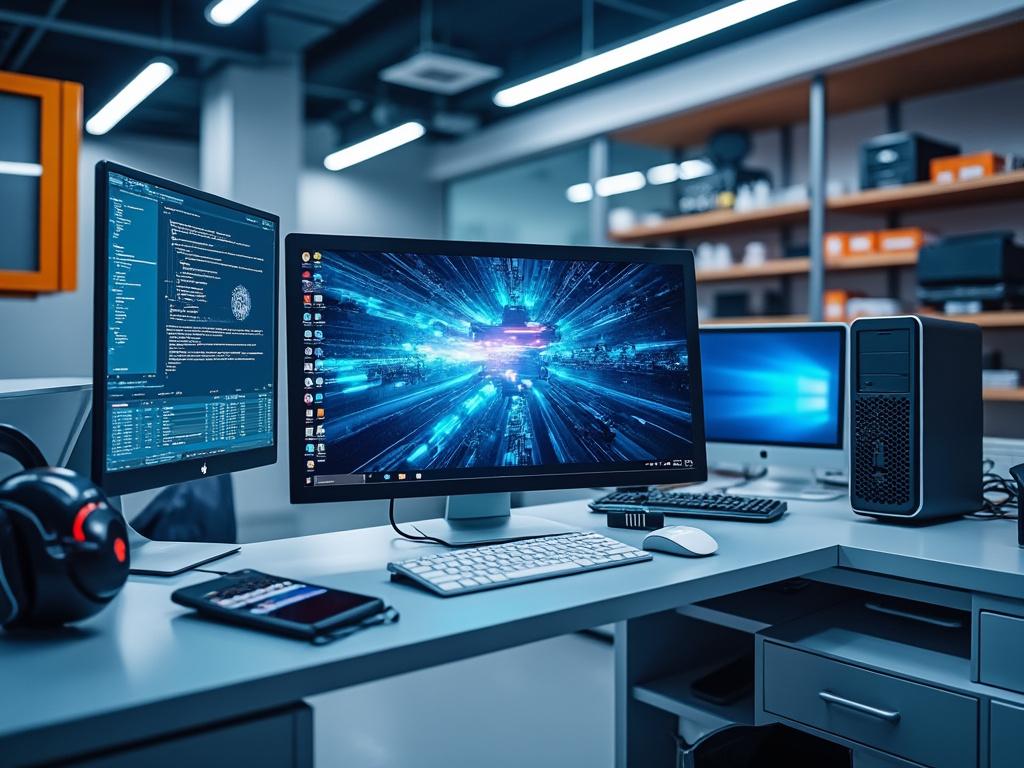 Estación de trabajo de oficina moderna con múltiples monitores y computadora de escritorio.