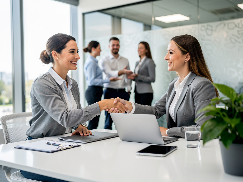 Dos empresarias estrechan la mano en una reunión de negocios en una oficina moderna con equipo colaborando al fondo