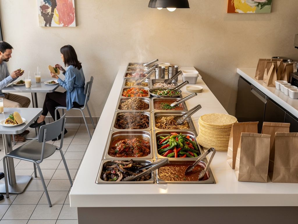 Buffet de comida mexicana con tortillas, guisos calientes y bolsas para llevar en restaurante