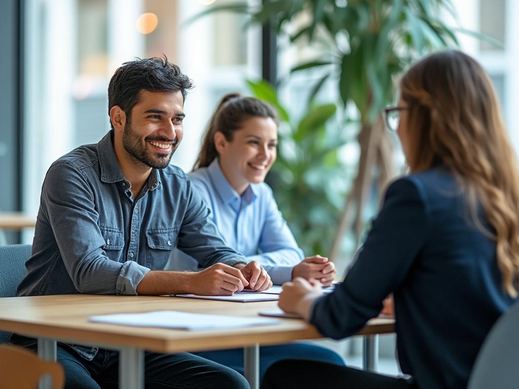 Tres personas sonrientes en una reunión de negocios en una oficina bien iluminada, con plantas de fondo.