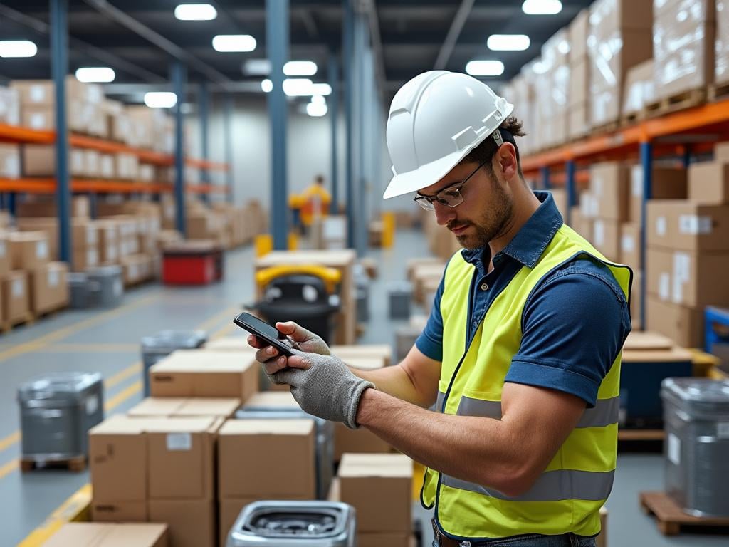 Warehouse worker in safety gear using a handheld device in a storage facility with shelves of boxes.