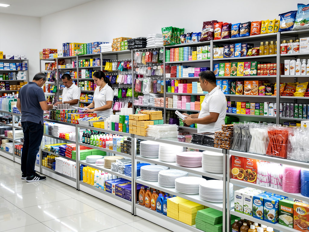 Tienda mayorista de abarrotes con estanterías llenas de productos, platos desechables y empleados atendiendo a un cliente
