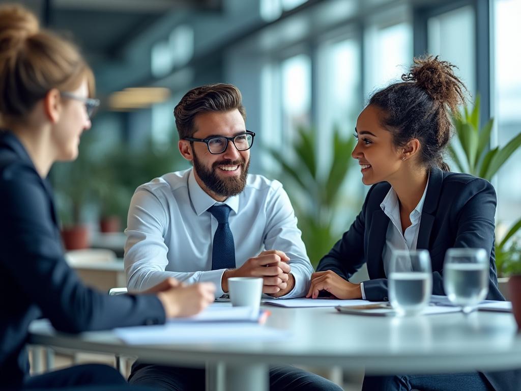 Tres personas en una reunión de negocios, sentadas en una mesa, conversando y sonriendo en una oficina moderna con plantas en el fondo. Tres personas en una reunión de negocios, sentadas en una mesa, conversando y sonriendo en una oficina moderna con plantas en el fondo.