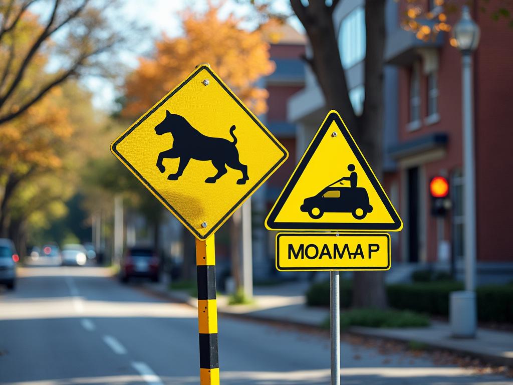 Two yellow road signs on a suburban street; one depicting a leaping dog, the other showing a person driving a vehicle with the text 'MOAMA P' underneath. Two yellow road signs on a suburban street; one depicting a leaping dog, the other showing a person driving a vehicle with the text 'MOAMA P' underneath.