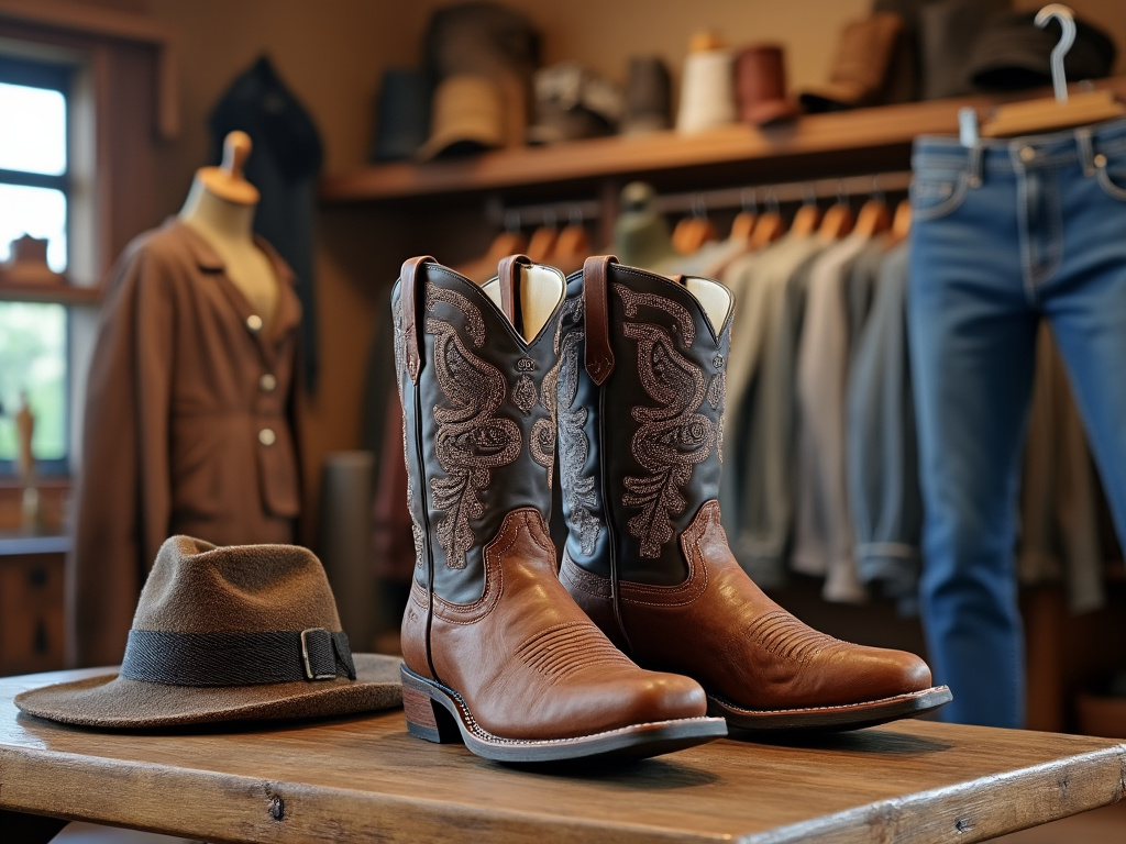 Botas vaqueras marrones con diseño bordado en un mostrador de tienda, junto a un sombrero de fieltro, con ropa informal al fondo.