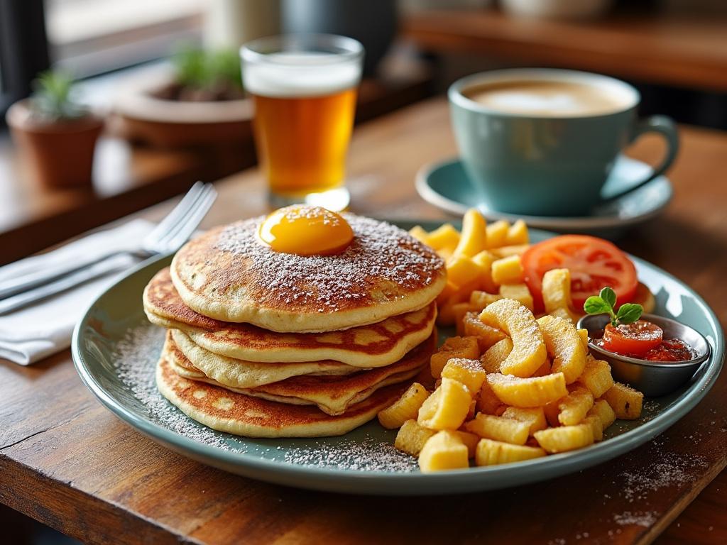 Delicious breakfast with fluffy pancakes topped with syrup and powdered sugar, served with crispy fries, fresh tomato slices, and a cup of coffee on a wooden table.