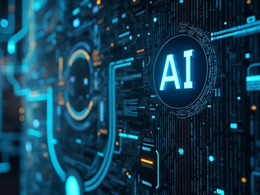 Imagen de ilustración de inteligencia artificial con fondo tecnológico y letras 'AI' iluminadas en azul.