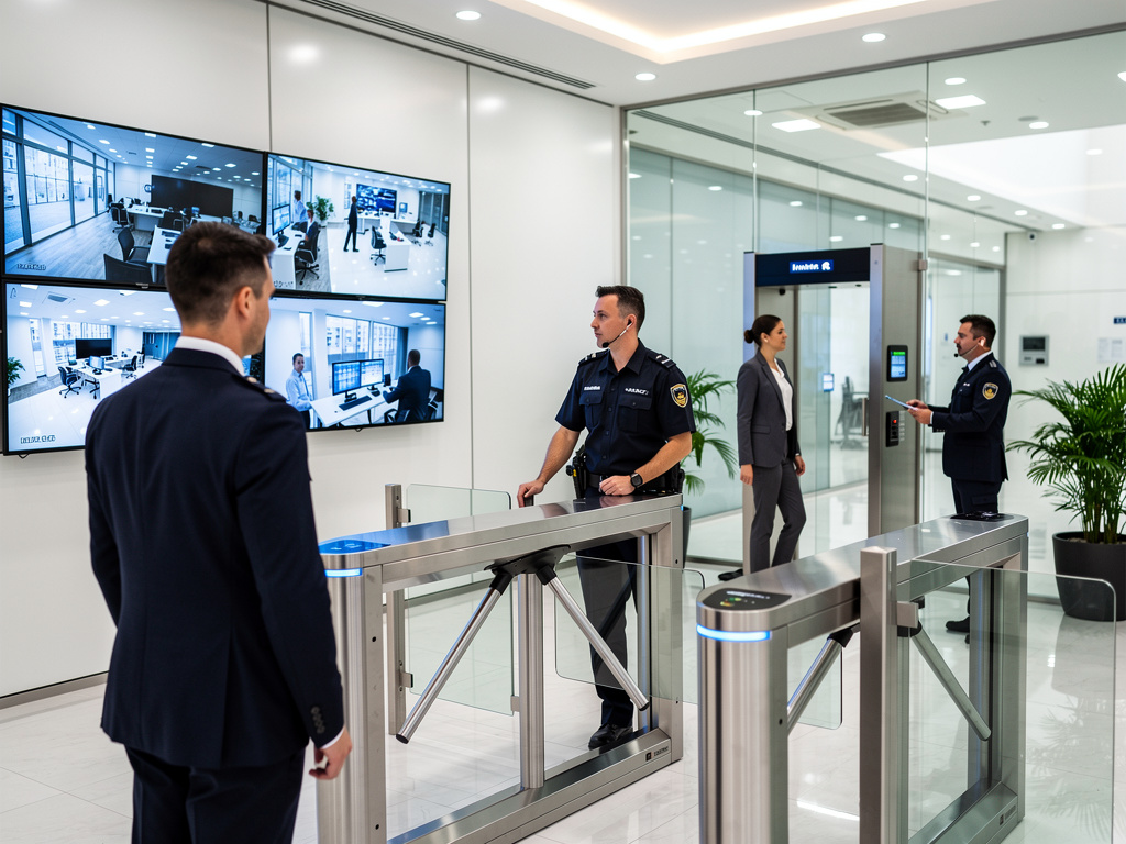Guardias de seguridad supervisando cámaras de vigilancia y control de acceso con torniquetes en oficina moderna Guardias de seguridad supervisando cámaras de vigilancia y control de acceso con torniquetes en oficina moderna