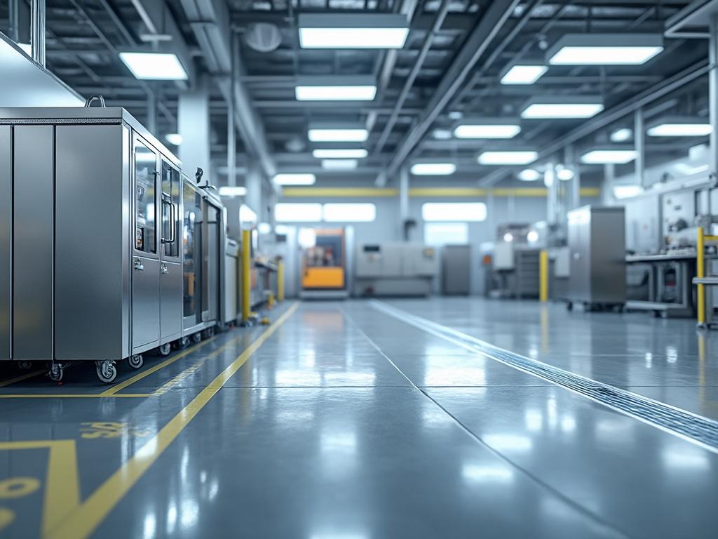 Interior de una fábrica moderna con máquinas industriales y suelo pulido.