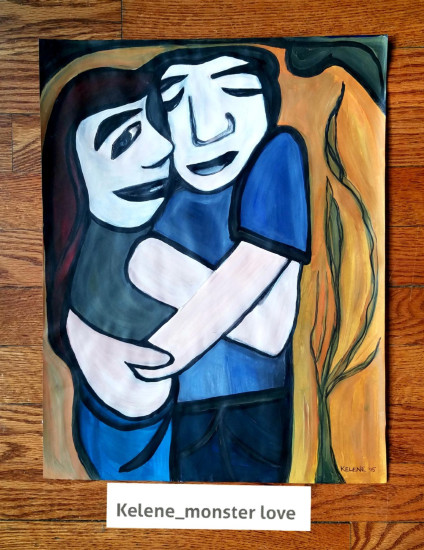Title: Hugs are real. Paint on canvas. 14 x 17. All artwork copyrighted
