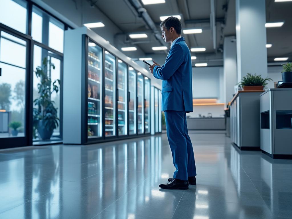 Hombre de negocios en traje azul usando una tableta en un espacio moderno con refrigeradores y plantas.