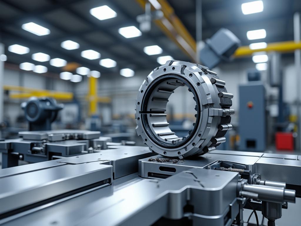 Componente industrial metálico en una mesa de ensamblaje dentro de una fábrica moderna iluminada.