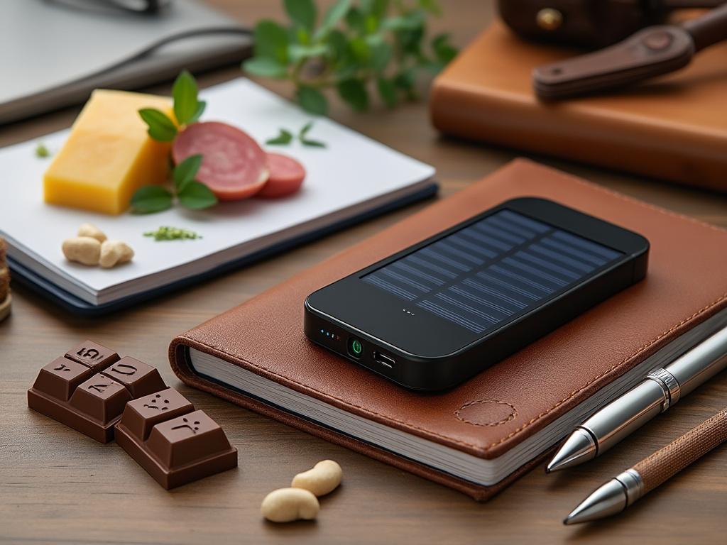 Solar-powered portable charger on leather notebook with cheese, salami, and chocolate on wooden desk. Solar-powered portable charger on leather notebook with cheese, salami, and chocolate on wooden desk.