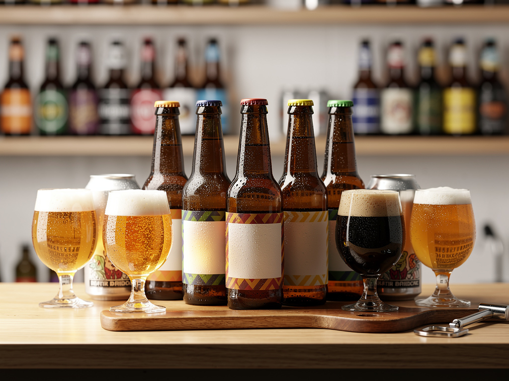 Selección de cervezas artesanales en botellas y copas sobre barra de madera con estantería de cervezas al fondo