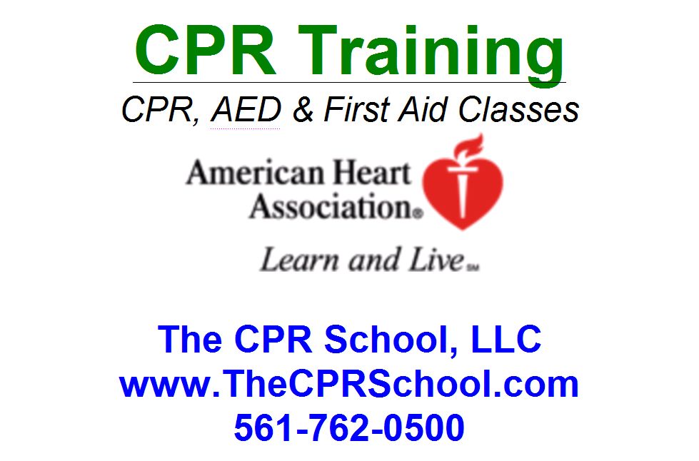 Promotional poster for The CPR School I.A.LLN. with text highlighting CPR and first-aid training with an image of a heart with a medical cross.