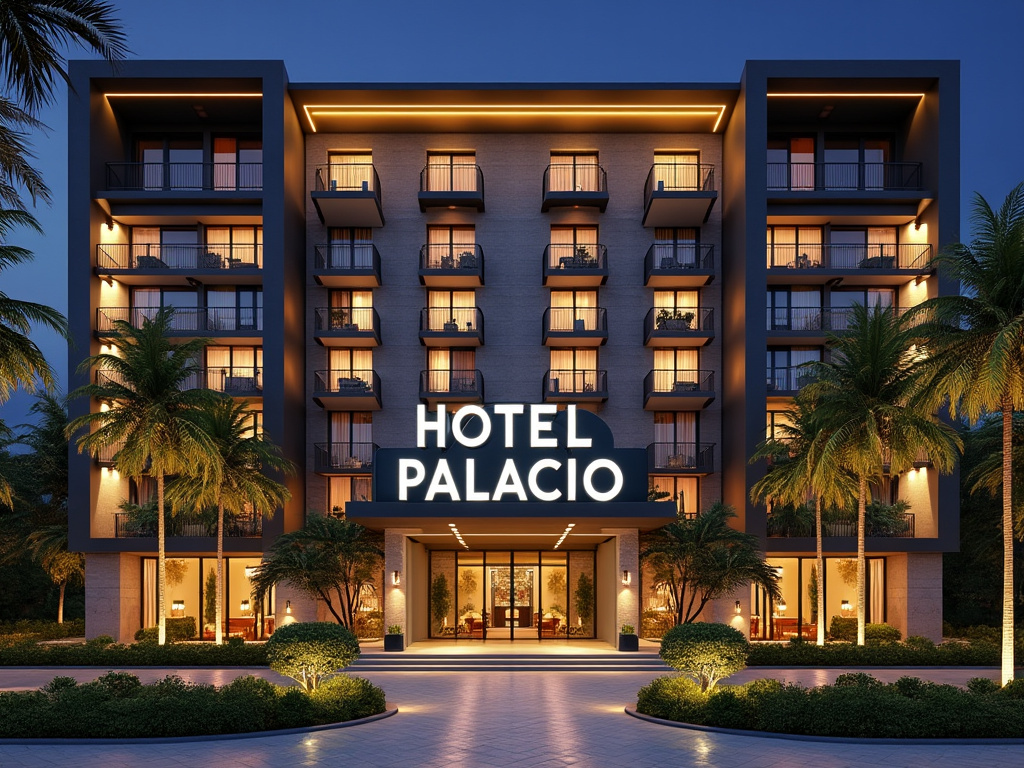 Fachada nocturna del Hotel Palacio iluminado, con palmeras y balcones.