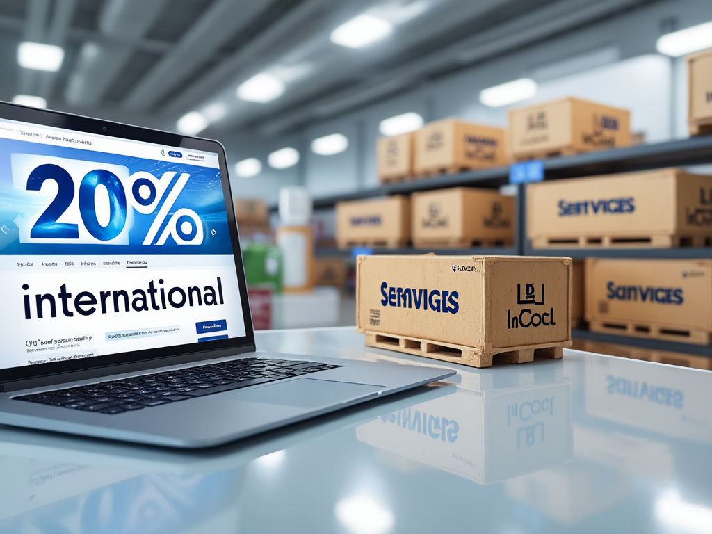 Portátil con descuento del 20% en pantalla, fondo de almacén con cajas de envíos.