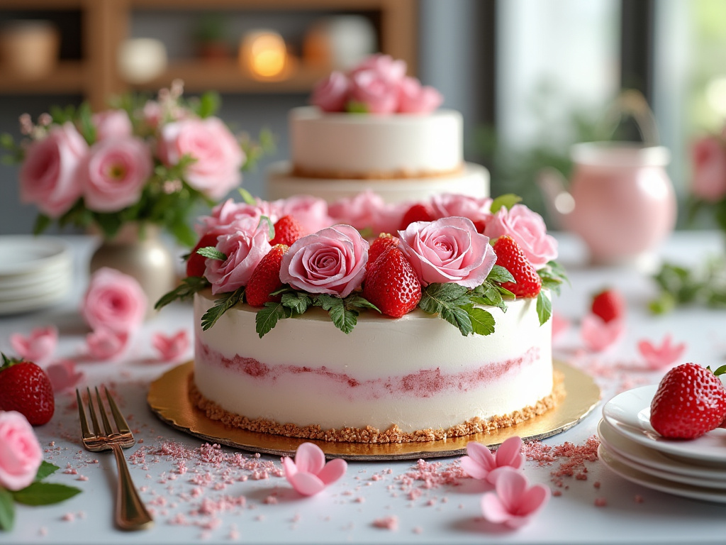 Tarta de bodas de dos niveles decorada con rosas rosadas y fresas, sobre una mesa adornada con flores y vajilla en un entorno elegante.