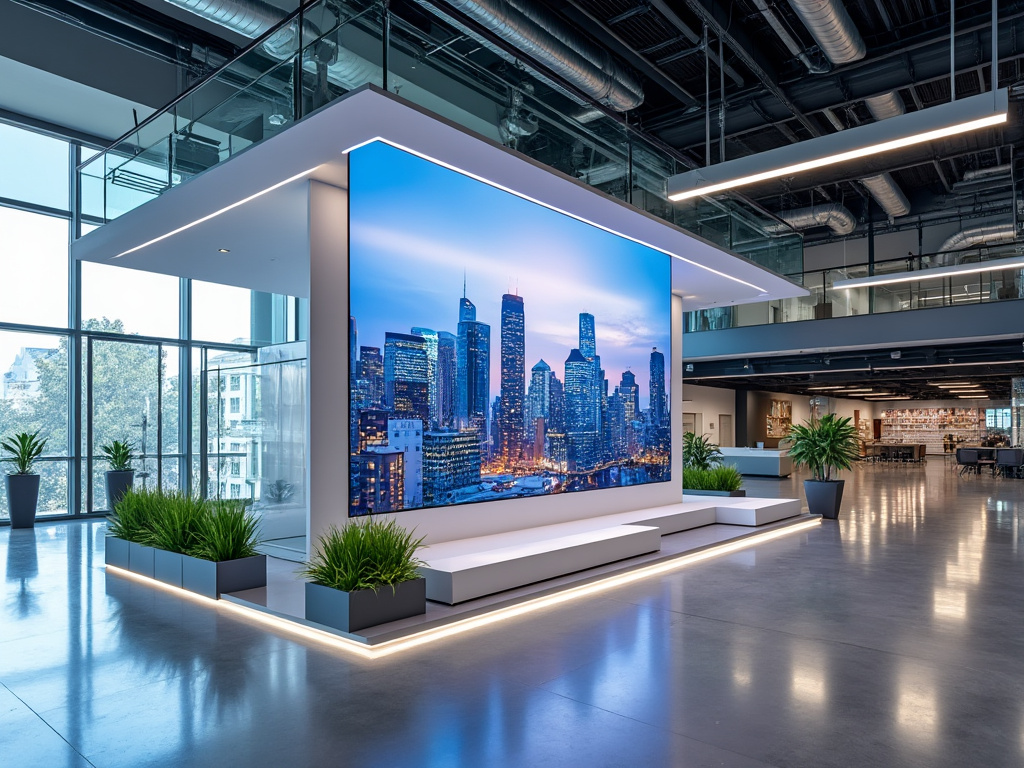 Modern office lobby with digital display of city skyline, large windows, and indoor plants.