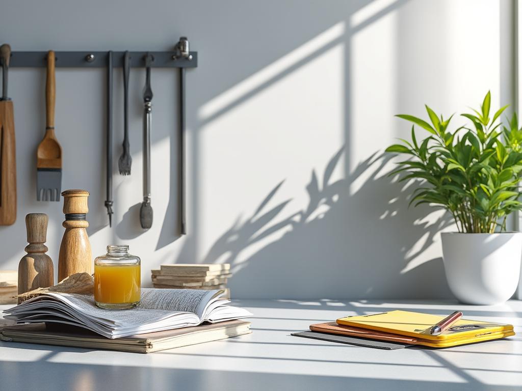 Cocina iluminada por el sol con utensilios de madera colgados, un libro abierto con una vela, y una planta en maceta blanca.