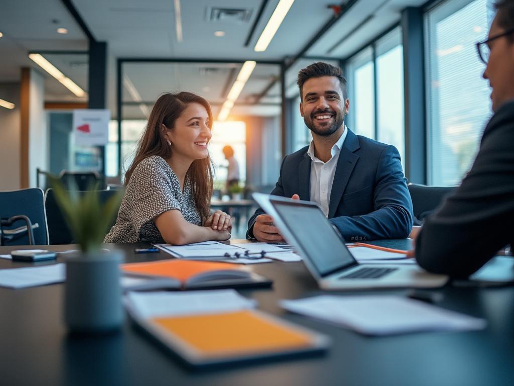 Personas sonriendo en una reunión de negocios en una oficina moderna con luz natural.