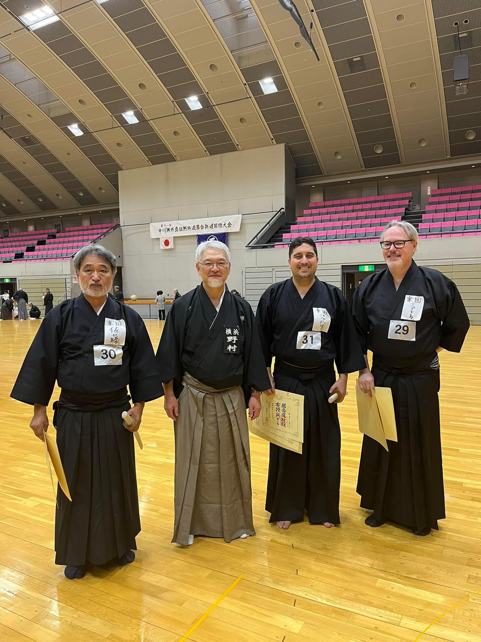 John with Nomura Sensei, and San Diego Mugairyu members Yoshi Satoh and Keyan Jafari. The three took second in the Dantaisen event.