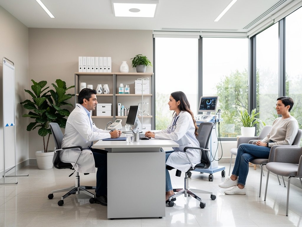 Consulta médica en clínica moderna con doctores conversando y paciente esperando junto a equipo de ultrasonido