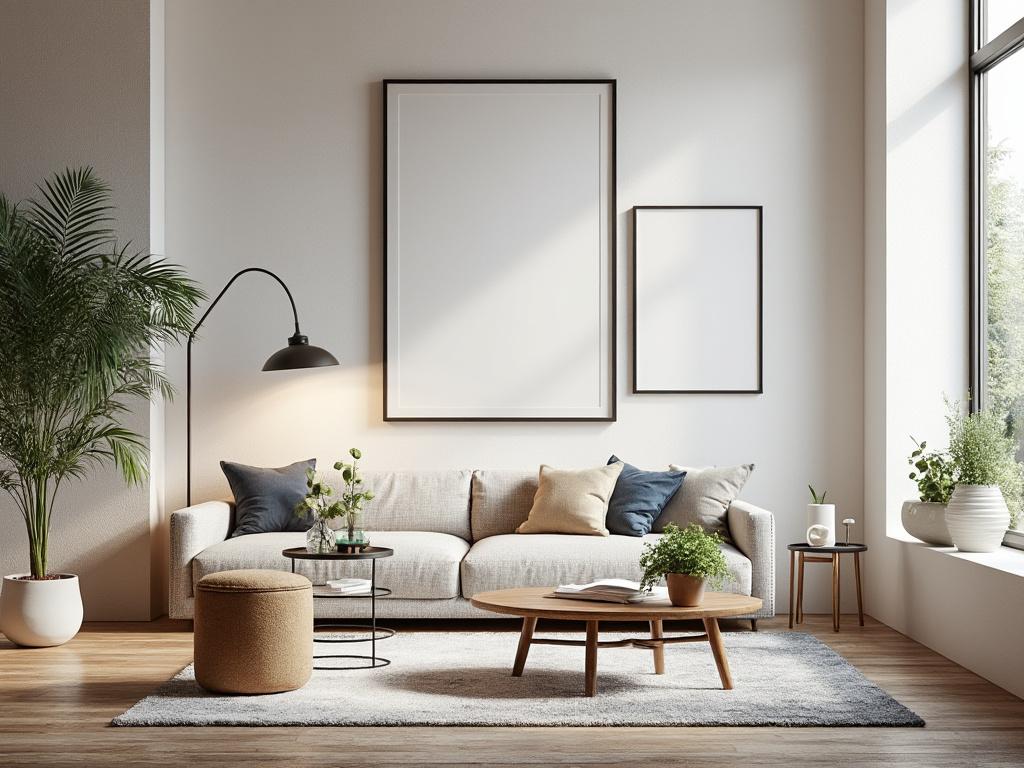 Sala de estar moderna con sofá beige, cojines decorativos, mesa de centro de madera, plantas en macetas y grandes ventanales.